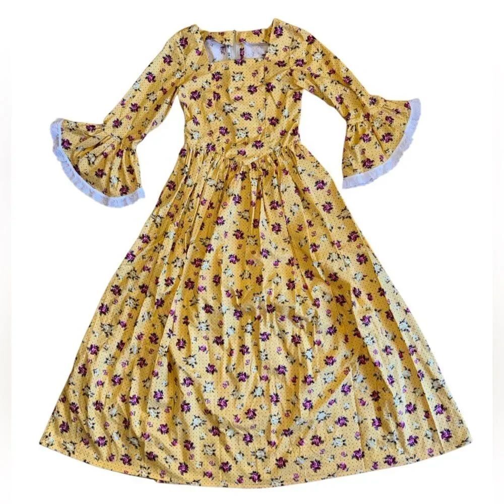 Women's Handmade Yellow Cottage Core Floral Bell Sleeve Maxi Size XS